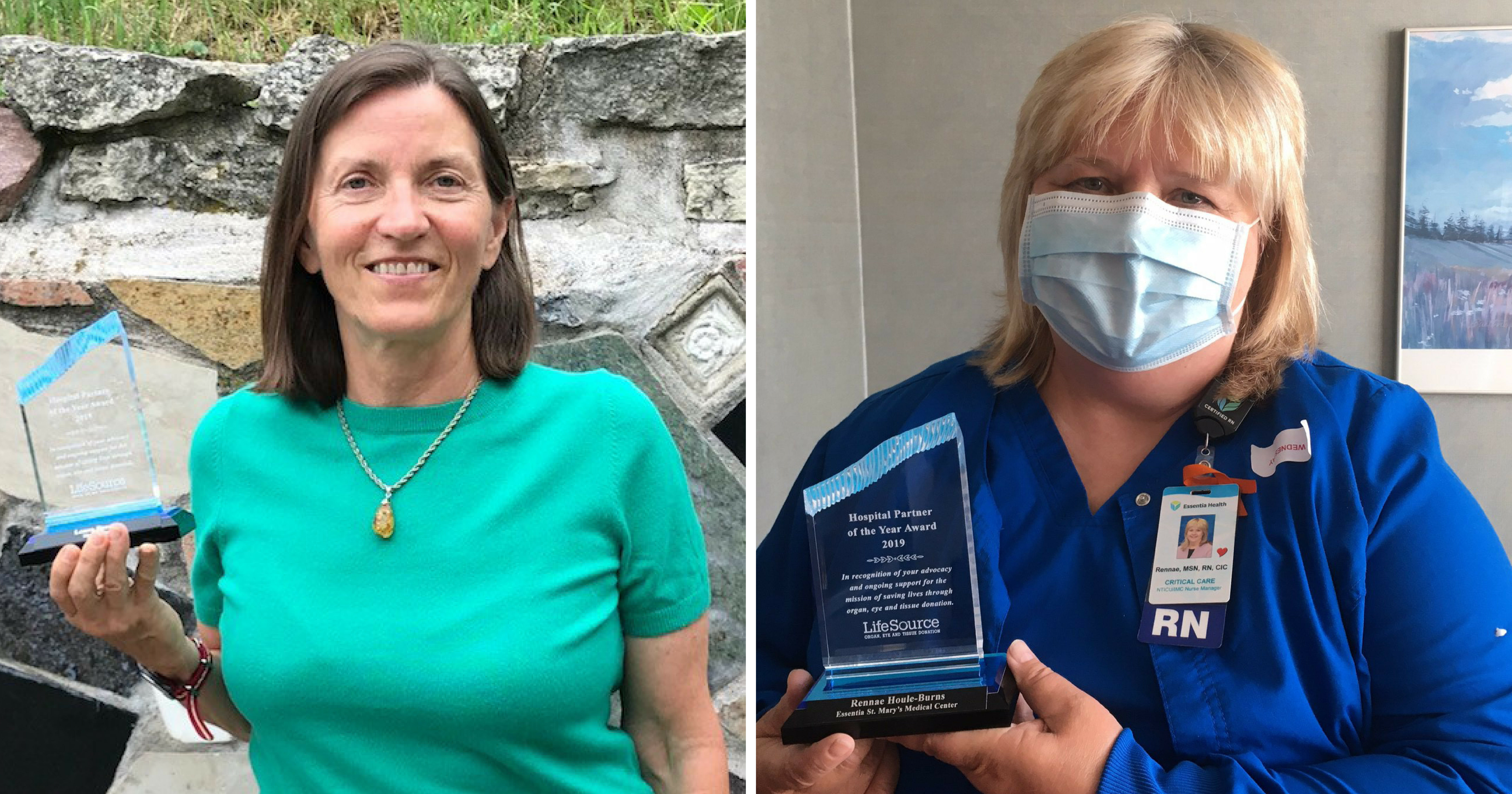 Two women holding glass awards for Hospital Partner of the Year 2019