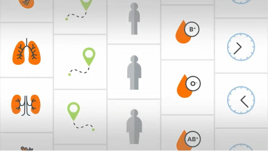 Cartoon icons of lungs, a map pin, a person, blood type, and a clock