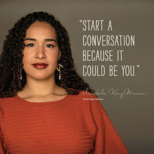 A woman wearing a read shirt next to a quote that says Start a Conversation Because it Could Be You