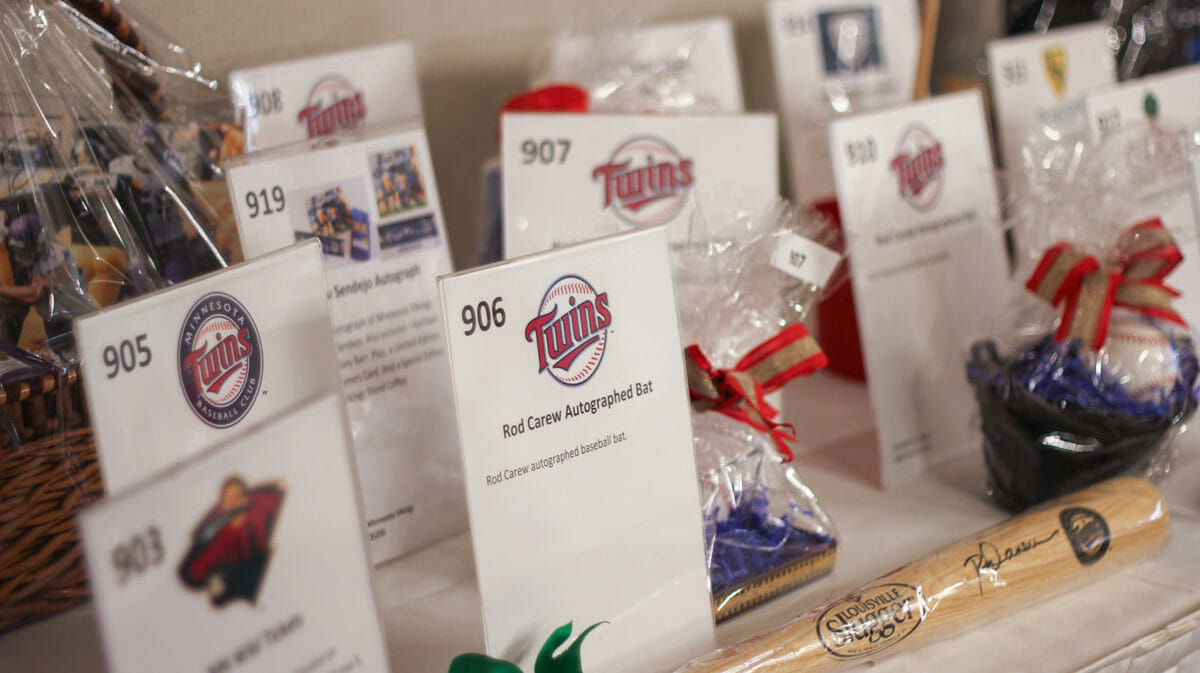 Silent auction baskets on a table