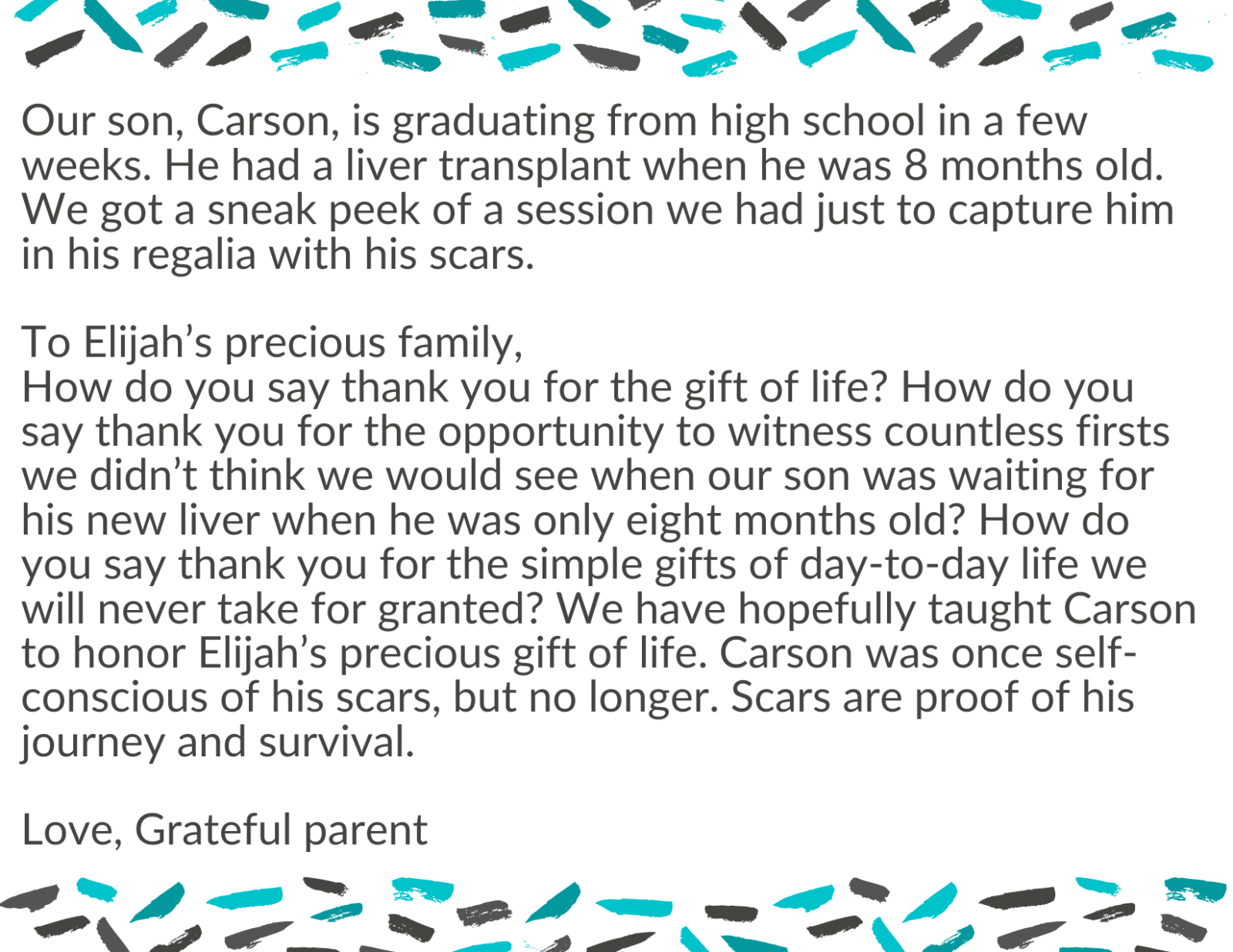 message from Carson's mother to Elijah's family