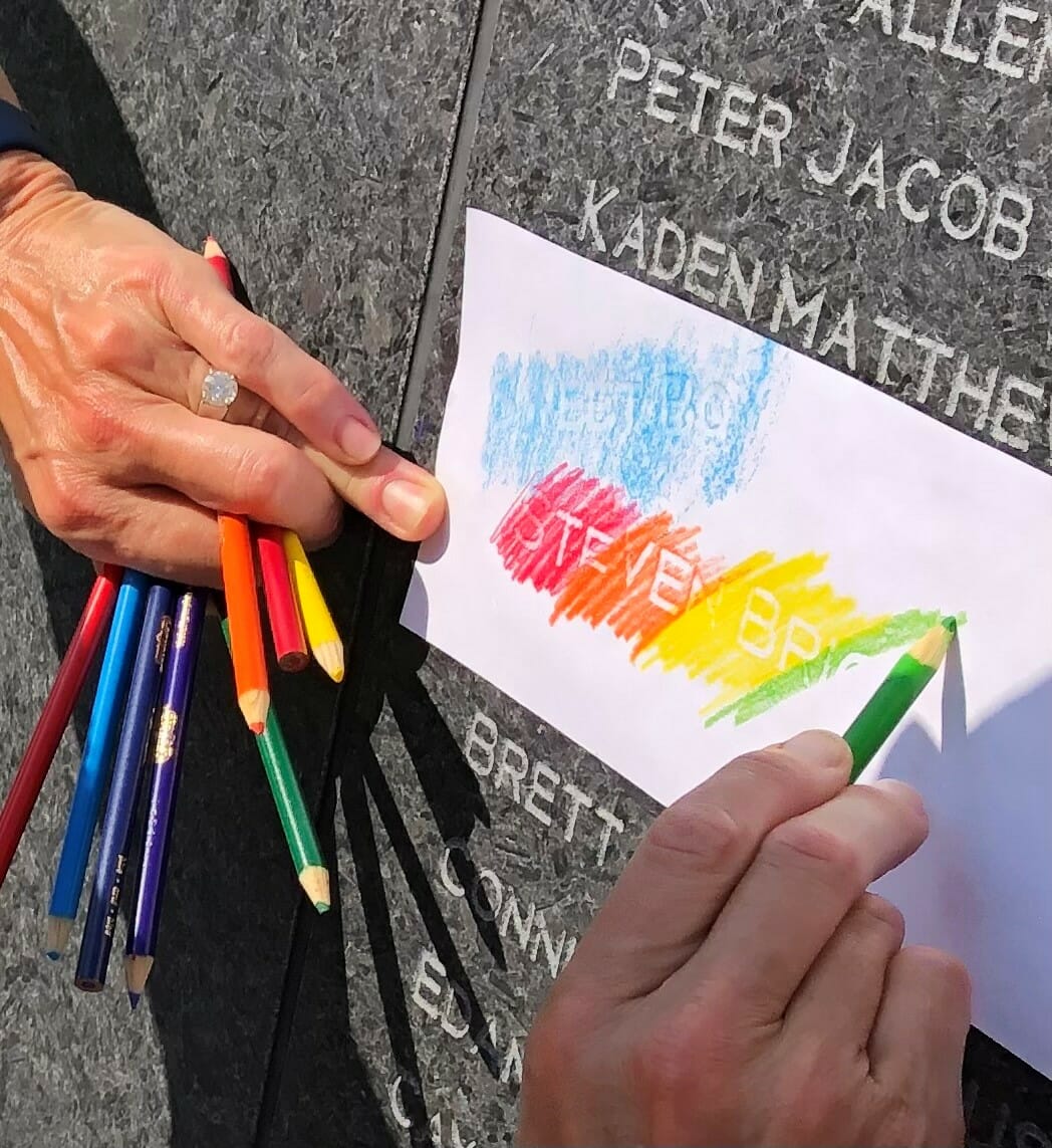 Colored pencil rubbing of Brice's name on memorial wall