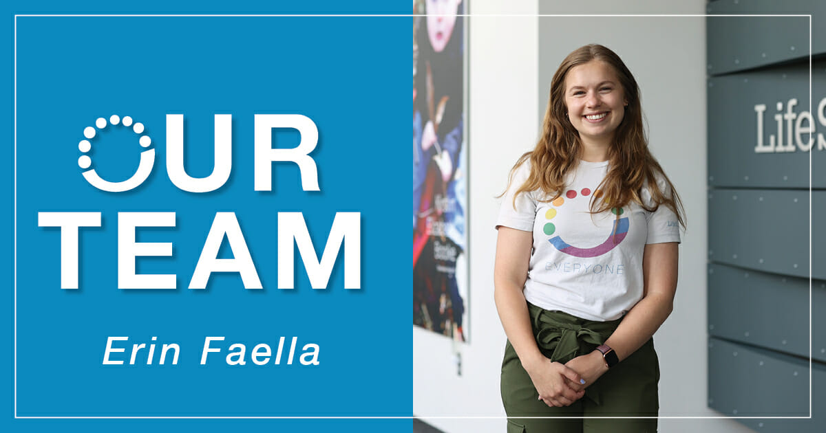 Graphic saying Our Team Erin Faella with Erin smiling at the camera