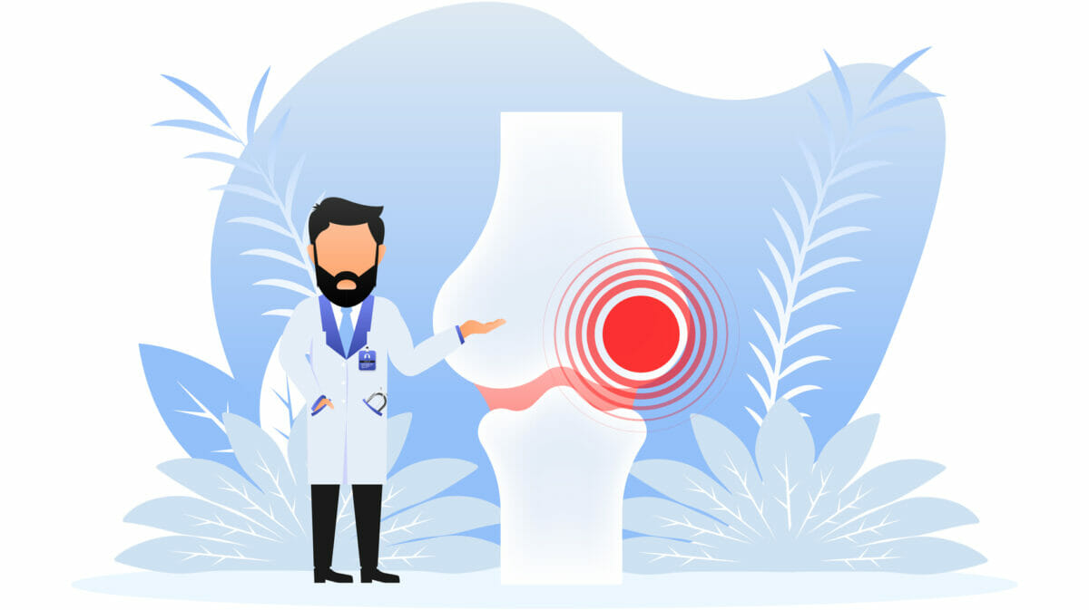 Human knee bone joint line icon with doctor pointing to area of pain