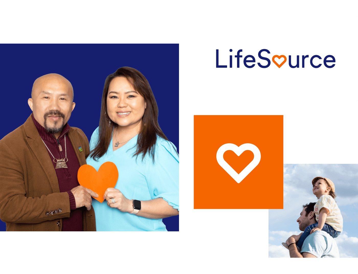 collection of images including people holding a paper heart, LifeSource logo, LifeSource heart image and daughter on father's shoulders on a sunny day