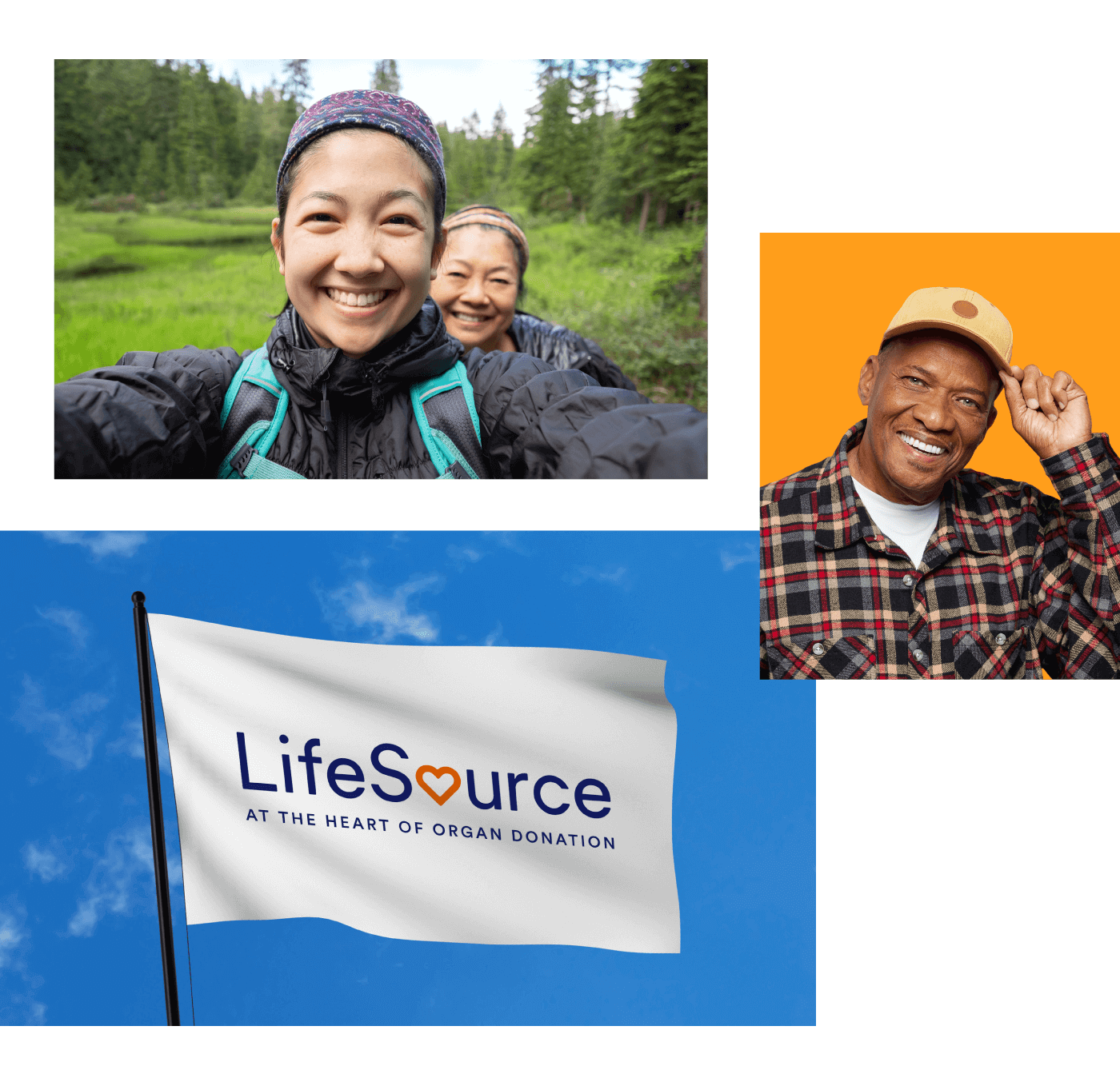 imágenes de madre e hija tomándose un selfie mientras hacen senderismo, hombre sonriendo a la cámara mientras se quita el sombrero, LifeSource bandera ondeando al viento.